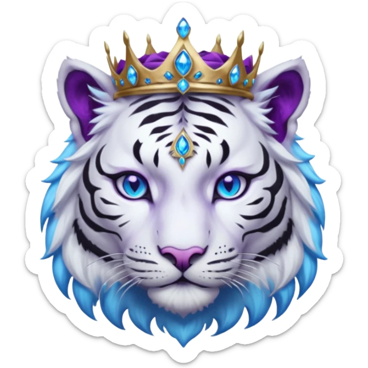 ESO Female white/black tiger khajiit leader of the umbral rose, glowing blue eyes, glowing blue 'third eye' gem; purple gemmed silver crown/tiara sticker