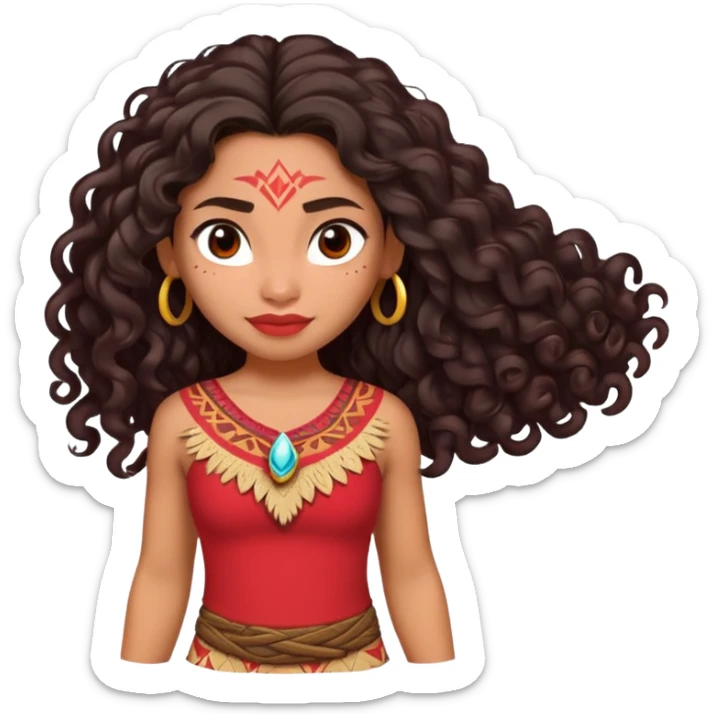 Moana character with long curly dark hair, wearing a red top, Polynesian princess sticker