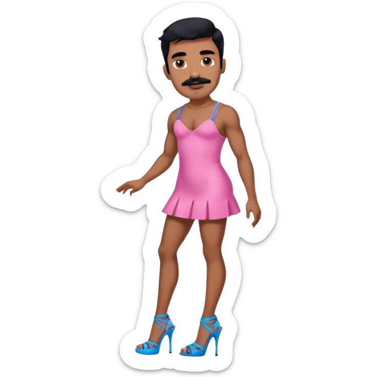 Man in a pink mini dress and blue strappy high heels with black hair and black mustache and brown skin sticker