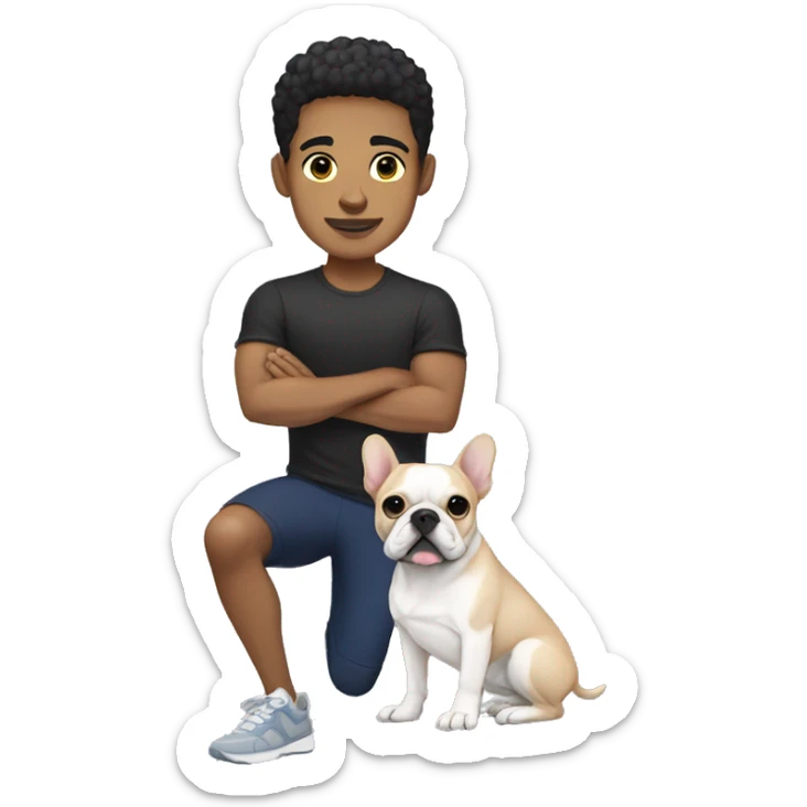 light skin athletic male with short black hair holding a french bulldog sticker