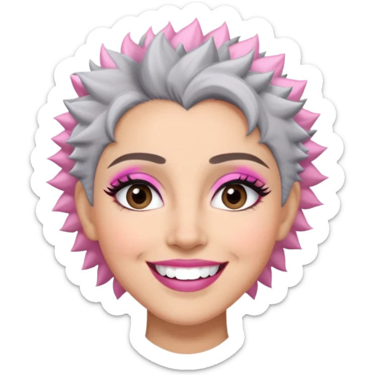 Close-up of Marian Pabón with defined facial structure, light skin with pink undertones, almond eyes with makeup, arched eyebrows, charismatic wide smile, and short spiky gray hair sticker