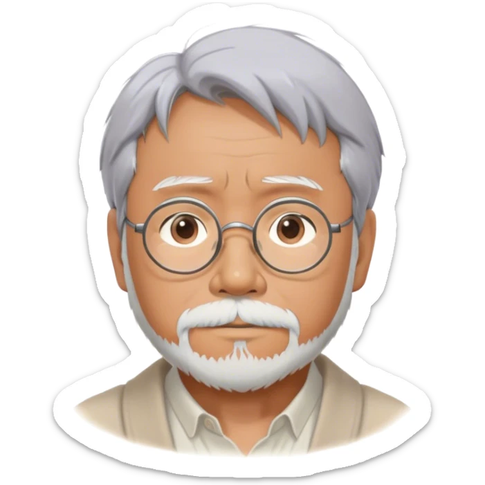 Cinematic Realistic Hayao Miyazaki Portrait Emoji, depicted as a visionary filmmaker with a gentle imaginative expression and artistic flair, rendered with delicate textures and soft enchanting lighting that captures his legendary storytelling. sticker