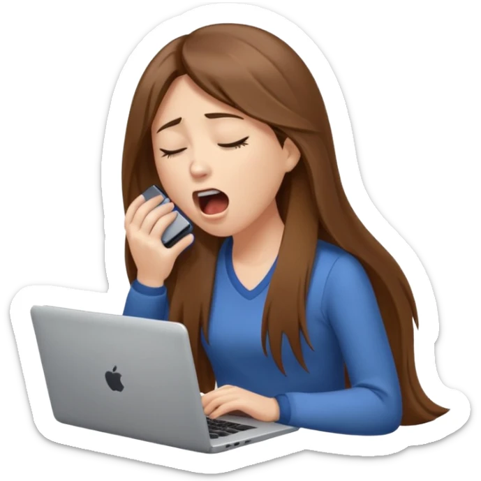 brown hair woman with long straighrt hair holding laptop and yawning from tiredness. looking tired sticker