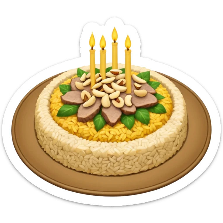 "Emoji of a Jordanian Mansaf dish — round platter with golden rice, lamb pieces, nuts on top, simple cute cartoon style, clean lines, white or transparent background." sticker
