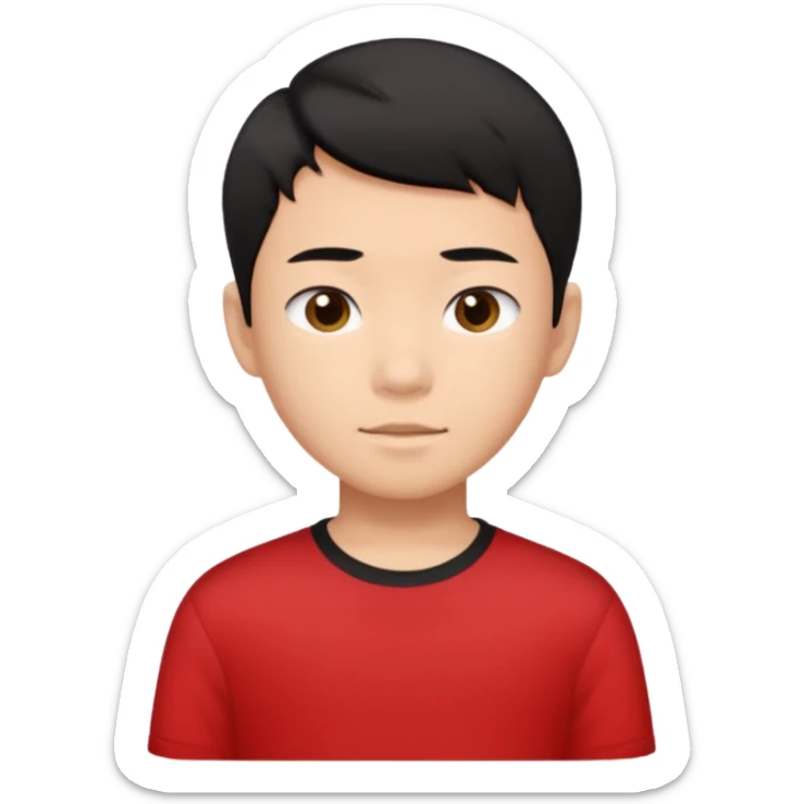 asian boy teenager black short hair red shirt sticker