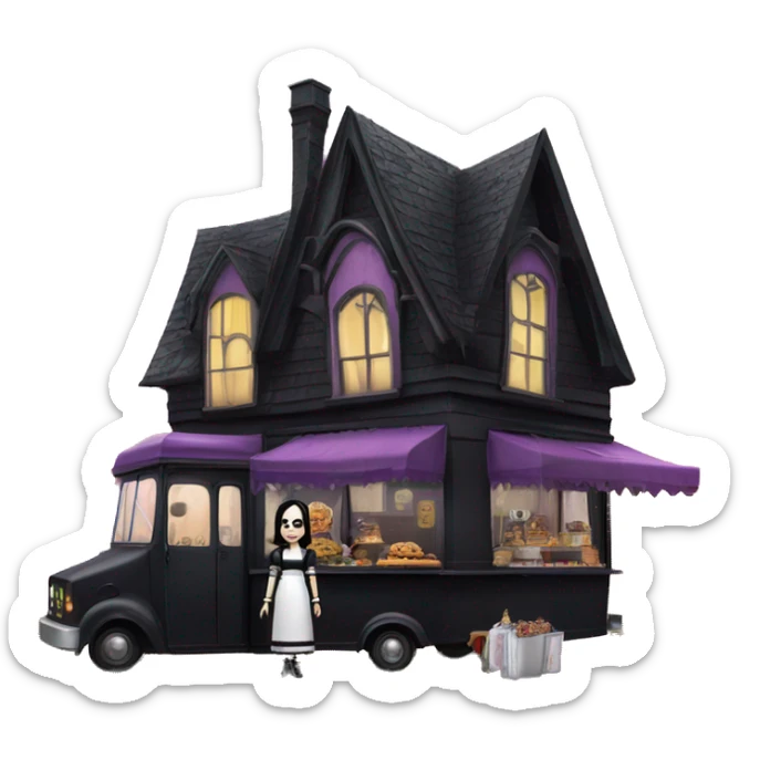 Wednesday Addams haunted dream house and food truck  sticker