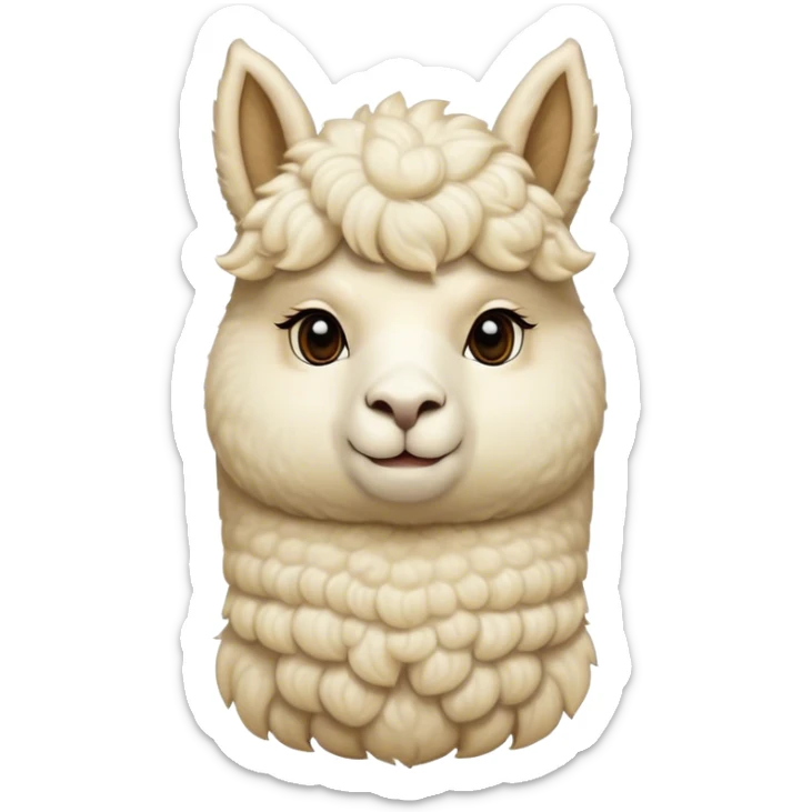 Cinematic Noble Cream Alpaca Portrait Emoji, Poised and regal, with a graceful, sturdy build and a luxuriously soft, well-groomed cream fleece, deep-set soulful gentle eyes, Simplified yet sharp and sophisticated features, highly detailed, glowing with a soft, dignified glow, high shine, intelligent and serene, stylized with an air of pastoral elegance, focused and attentive, soft glowing outline, capturing the essence of a watchful and confident companion, so majestic it feels as though it could stride out of the screen with effortless authority! sticker