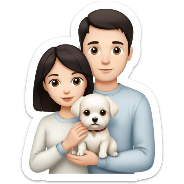 white male and female couple with dark hair holding white little dog  sticker