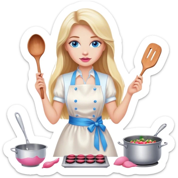 Cinematic realistic beautiful blonde with long hair, blue eyes and pink lips in a white dress cooks sticker