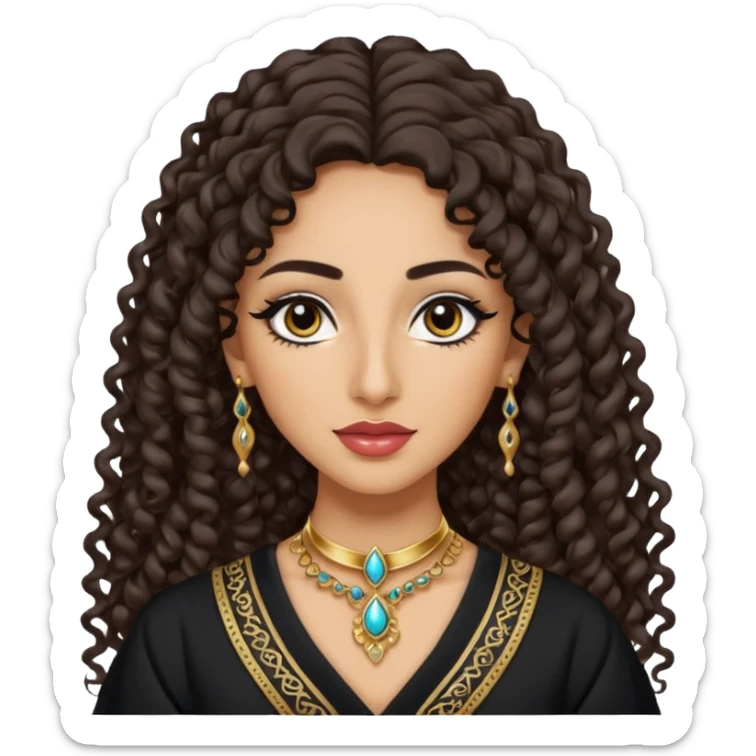 pretty bratz baddie emoji with arabian nose, pretty lips, light skin, long curly hair, black eyeliner, wearing arabian clothes sticker