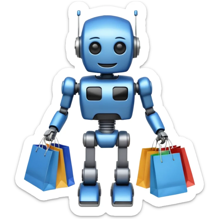 black friday robot with blue and metalic colours with bags in his hands smiling sticker