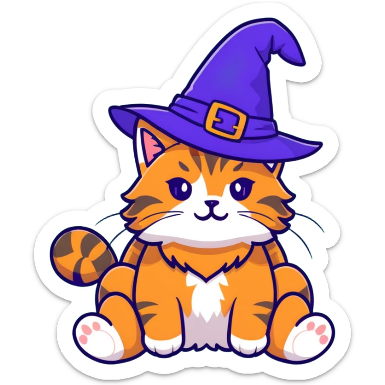 full body Maine coon ginger tabby cat flopped over on her back wearing an indigo witch hat sticker