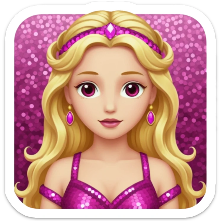 Venus from Ancient Gods with pink skin, long golden blonde hair, dark pink sequin outfit sticker