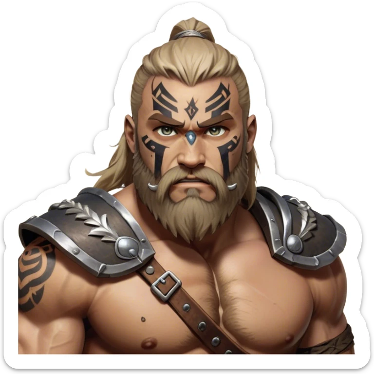 Clash of Clans aesthetic: Cinematic Rugged Barbarian Portrait Emoji, Intense and formidable with a heavily muscled physique, a rugged beard, piercing eyes and battle-worn armor adorned with tribal markings, his complexion a light tan that speaks of hard-fought battles, Simplified yet powerfully detailed features, highly detailed, glowing with a deep, primal energy, high shine, gritty and uncompromising, stylized with an air of raw, untamed power, focused and determined, soft glowing outline, capturing the essence of a barbarian warrior carved by countless battles and poised to lead his clan into epic conflict! sticker