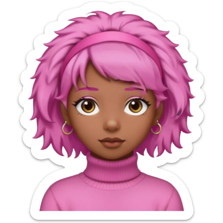 black fluffy haired girl with pink turtleneck sweater and pink hair band sticker