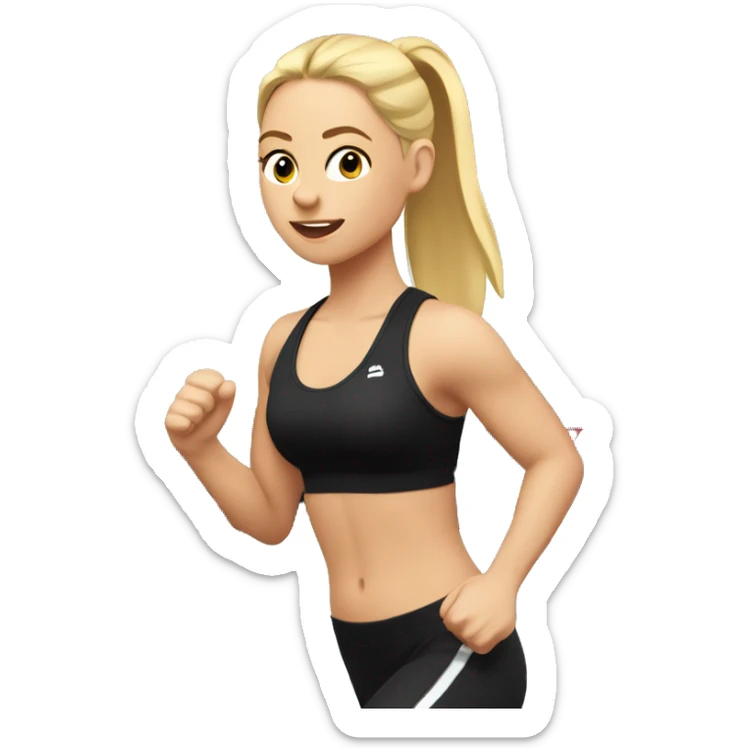 Girl with blonde hair in a ponytail running on a treadmill, she is wearing black leggings and a black sports bra sticker