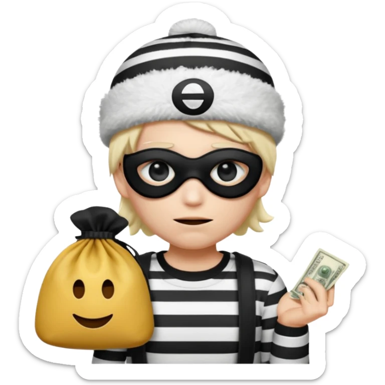 a short ios emoji-style portrait of a classic burglar, a black eye mask and a black-and-white striped shirt. emoji-like hair, black winter-like hat, a bag of money 💰 with a dollar sign in a right corner, evil expression WITHOUT a hand  sticker
