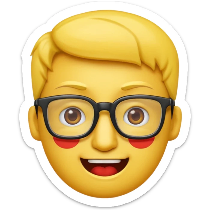 Créer un emoji nerd le perso doit être une tête basique d'emoji jaune avec une grosse paire de lunettes rectangulaires noires 3 boutons sur chaque joue et une dent qui dépasse  sticker