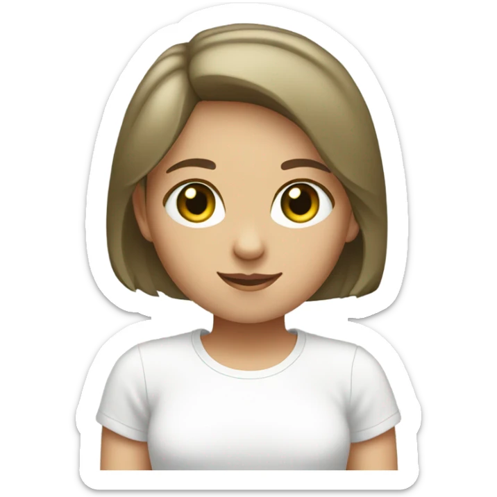 Girl with short bob brown hair with light green eyes in white T-shirt  sticker