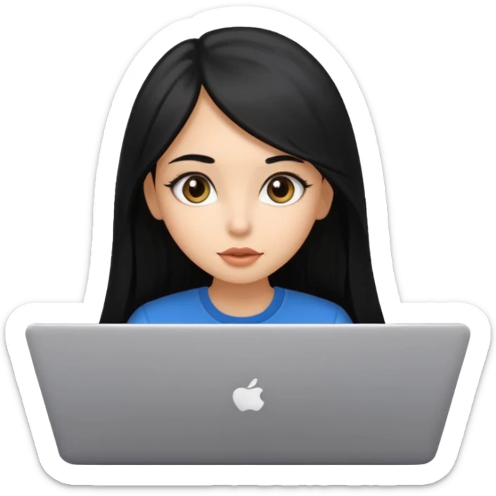 Cute adorable latina girl, straight long black hair, big eyes, plumpy big lips, working with laptop  sticker