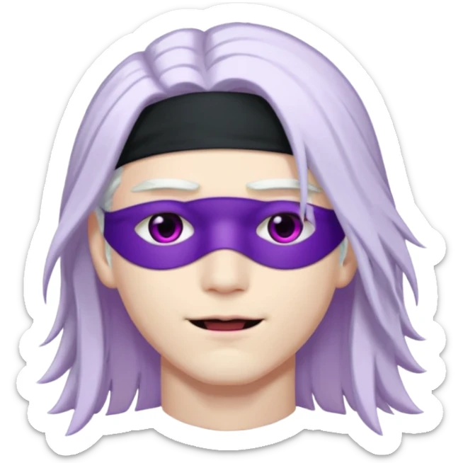 A young pale skinned Japanese man, with long free white hair. Purple eyes pink lips. Devious smile and an eyepatch sticker