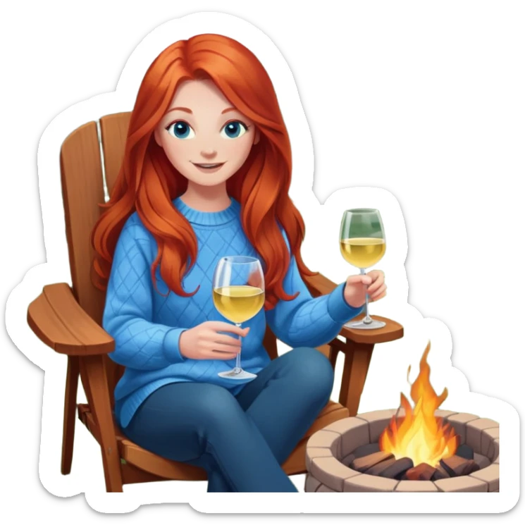 Happy redhead with long hair and blue eyes holding white wine sitting in chair beside fire pit in backyard sticker