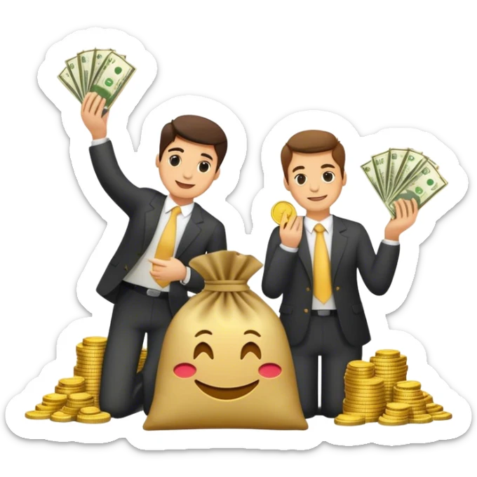 **Prompt :**  
*"Stacks of banknotes labeled 'XAF' with gold coins, a money bag, and a confident person celebrating wealth in an emoji-style illustration."* sticker