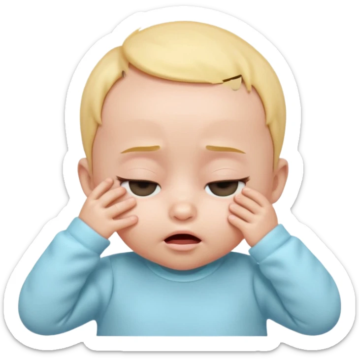 Cute 3D baby emoji, rubbing eyes, sleepy expression, short fine baby hair, soft pastel colors, clean white background  sticker