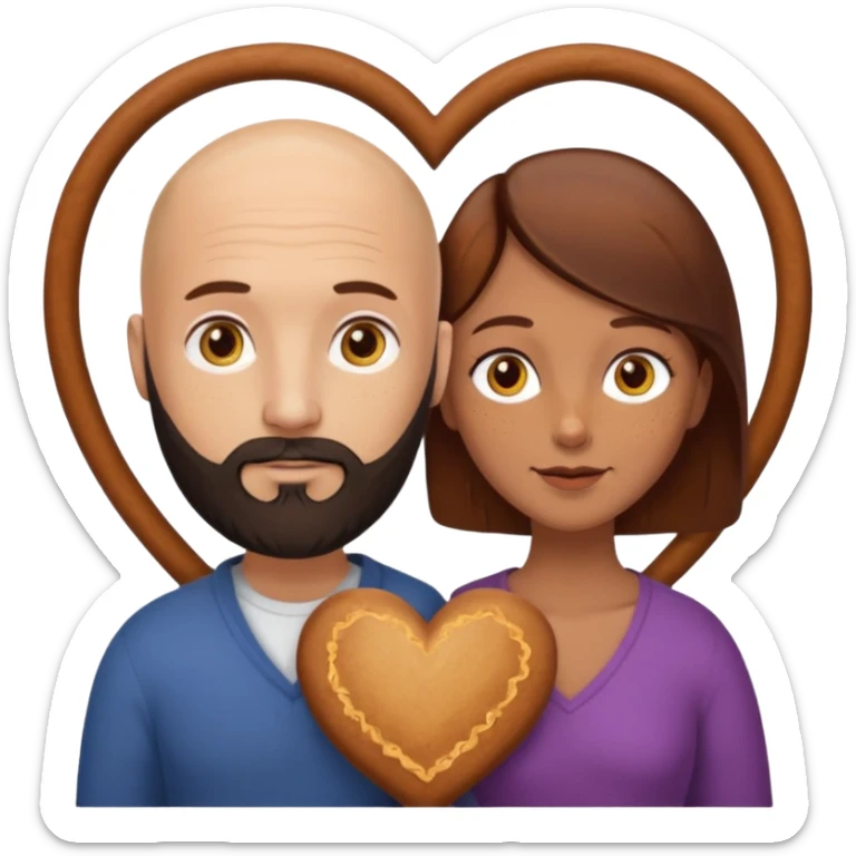 Couple. Bald man with dark brown-black beard. Woman with many small, faded freckles, white skin and she has auburn-yellow-brown-caramel-cinnamon dark hair. She has light yellow-brown eyes. The man have hazel eyes. They are inside a big heart. sticker