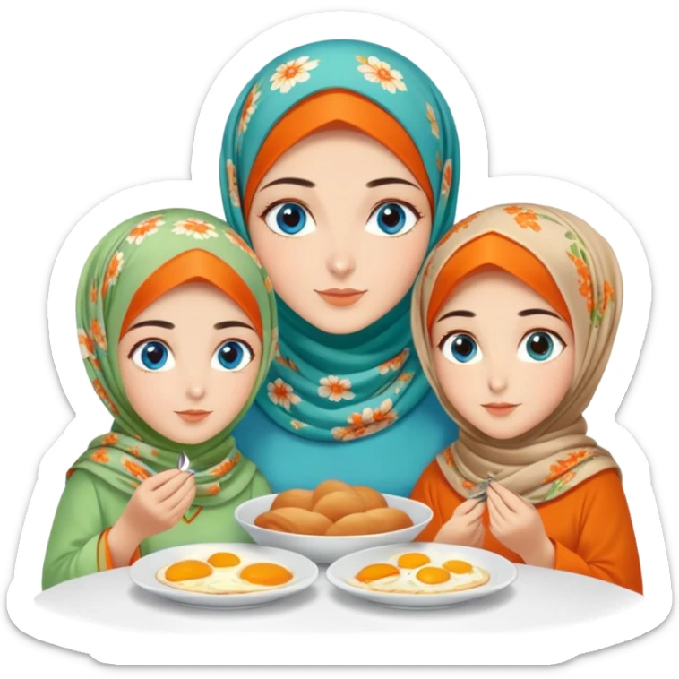 Four sister Turkish girls beautiful finish Konya blue eyes with orange floral hijab and light green dress and make Breakfast sticker