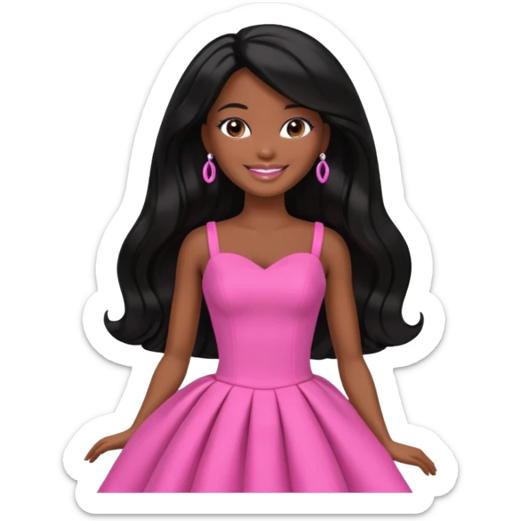 Darker skin Black barbie, long black  hair, pink dress sticker