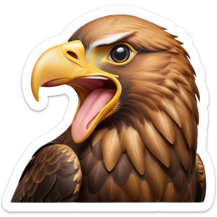 Cinematic Cute Yawning Golden Eagle Portrait Emoji, Head tilted slightly with a dramatic, wide-open yawn, showcasing a robust, majestic form with softly drooping feathers and sleepy, half-closed eyes, Simplified yet irresistibly adorable features, highly detailed, glowing with a soft, cozy amber glow, high shine, relaxed yet expressive, stylized with a dash of whimsical aerial charm, soft glowing outline, capturing the essence of a drowsy yet affectionate golden eagle that appears ready to stretch out for a nap! sticker