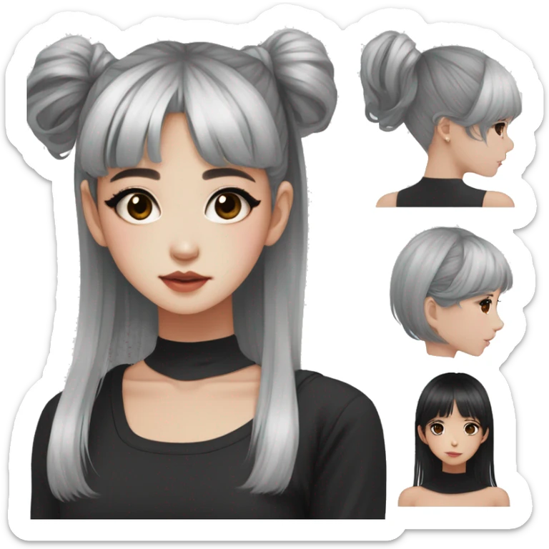 Korean girl, black tank top, black hair, black eyes, layered hair, cool girl, aesthetic, long hair, hime cut, blunt bangs, small silver hoop earrings sticker