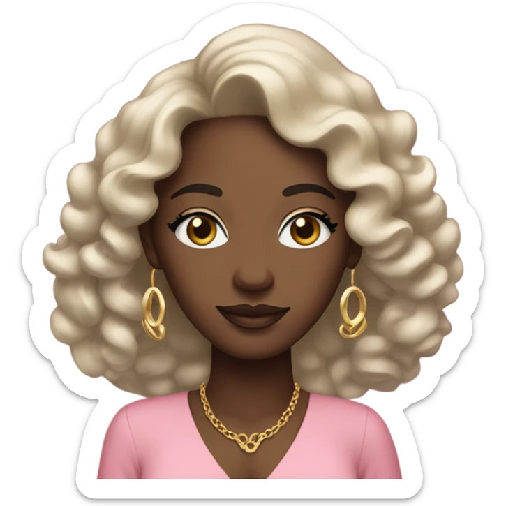 Medium black skin women with loose ringlet curls and wearing a pink dress with gold earrings and long lashes sticker