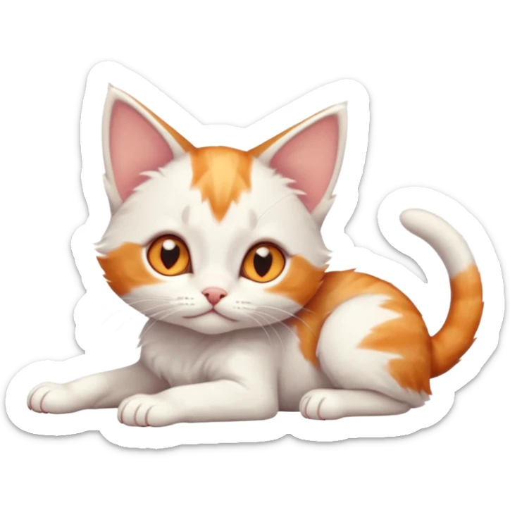 full body of very small + skinny ginger and white kitten with deep orange eyes and triangular shaped face lying down with bent front paws sticker