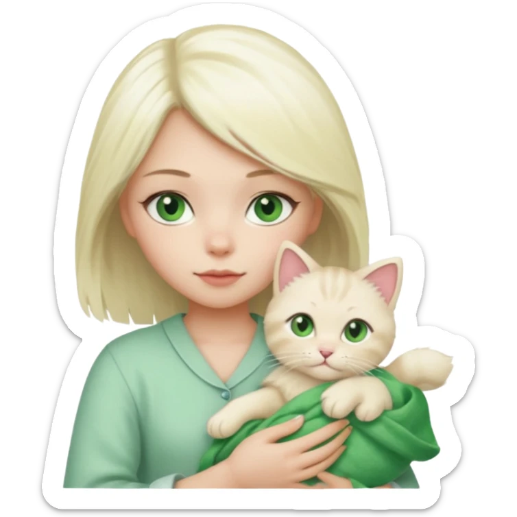 Platinum blonde hair girl with green eyes holding rag doll cat  sticker