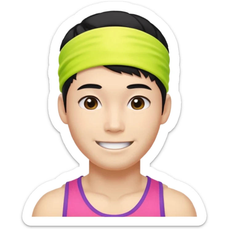 Korean 27-year-old male health coach / Wearing fluorescent colors / White face / Hairband / Smiling expression / Short black hair / Muscular body sticker