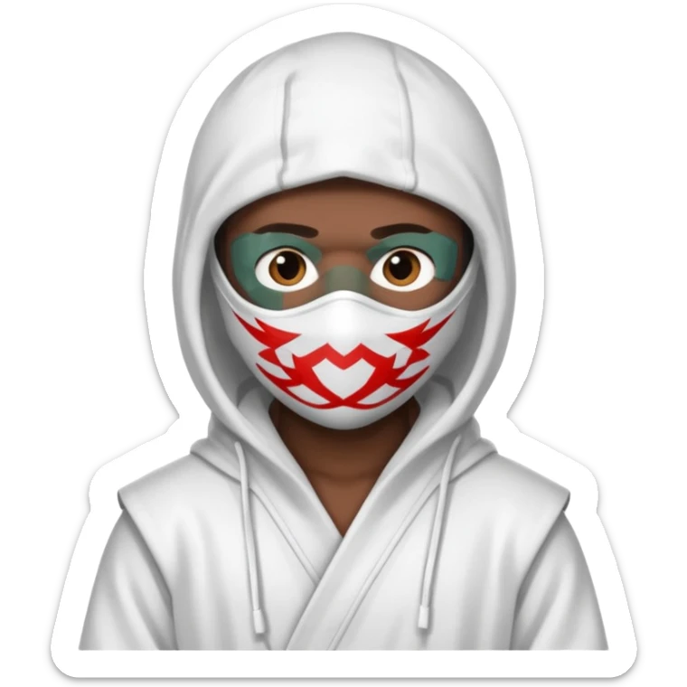 All white ninja robe with no black with white ski mask to cover face and neck with a hoodie on and dark brown skin color sticker
