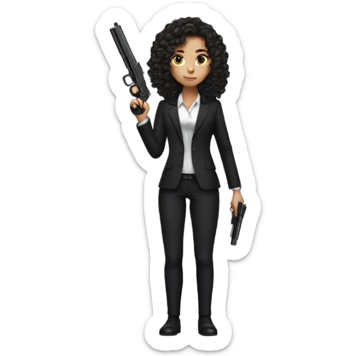 Brunette Girl with long curly hair in black suit with gun sticker