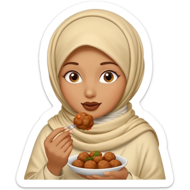 woman wearing a cream colored pashmina hijab eating meatballs sticker