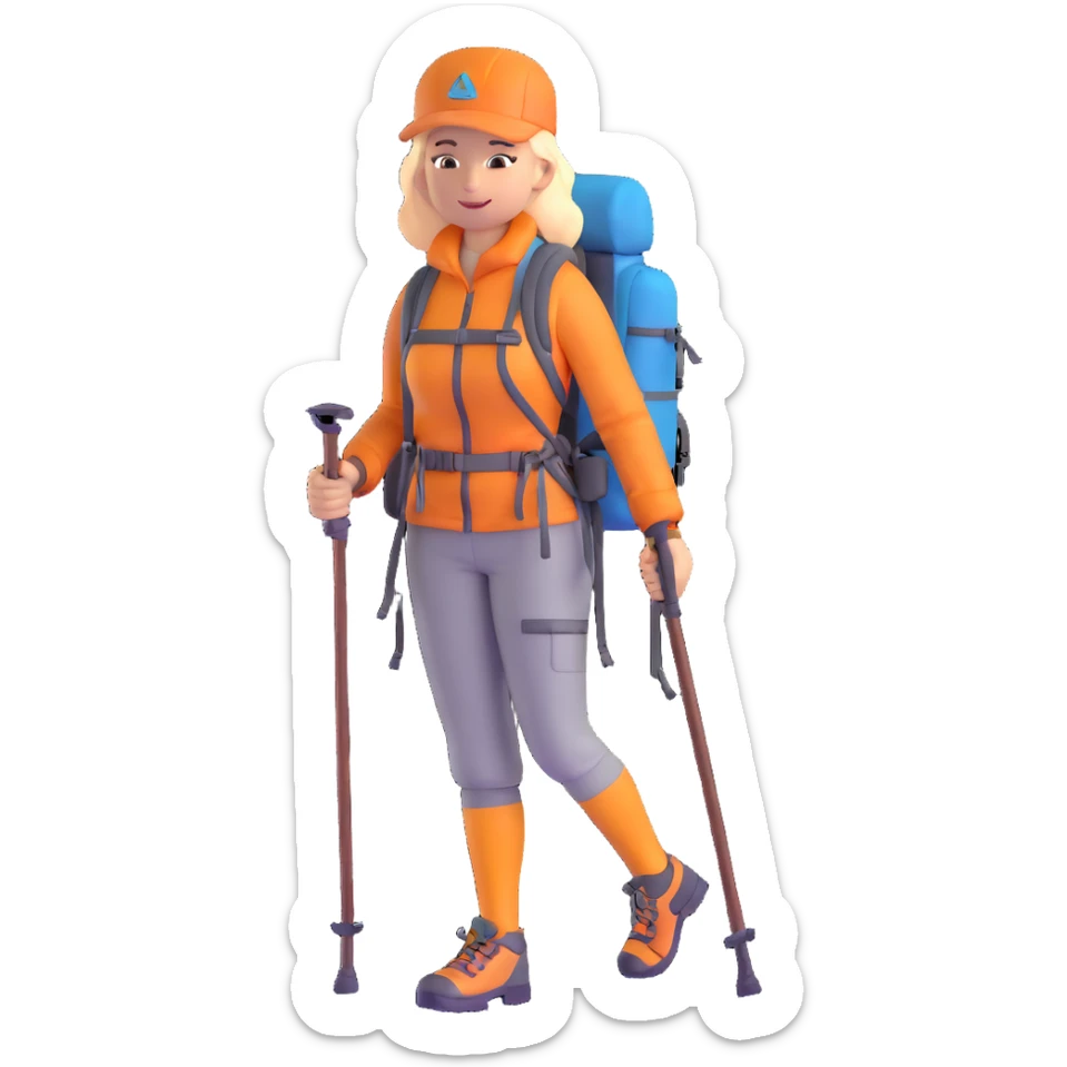 woman mountain climbing, female mountaineer with backpack and hiking poles sticker