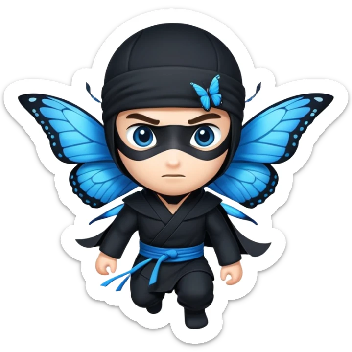 Crea una imagen con estos dos emoji 🥷🏻🦋
él ninja de piel blanca con la mariposa azu posada en el hombro como si estuviera volando. sticker