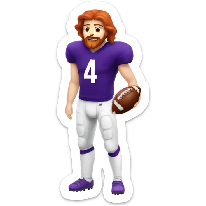 Redhead jesus playing American football wearing purple number 14 sticker