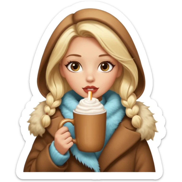 Tanned Girl with lashes , blonde hair, in an extremely big fluffy oversized coat and hold hot chocolate drink and big cat eyes, big lip sticker
