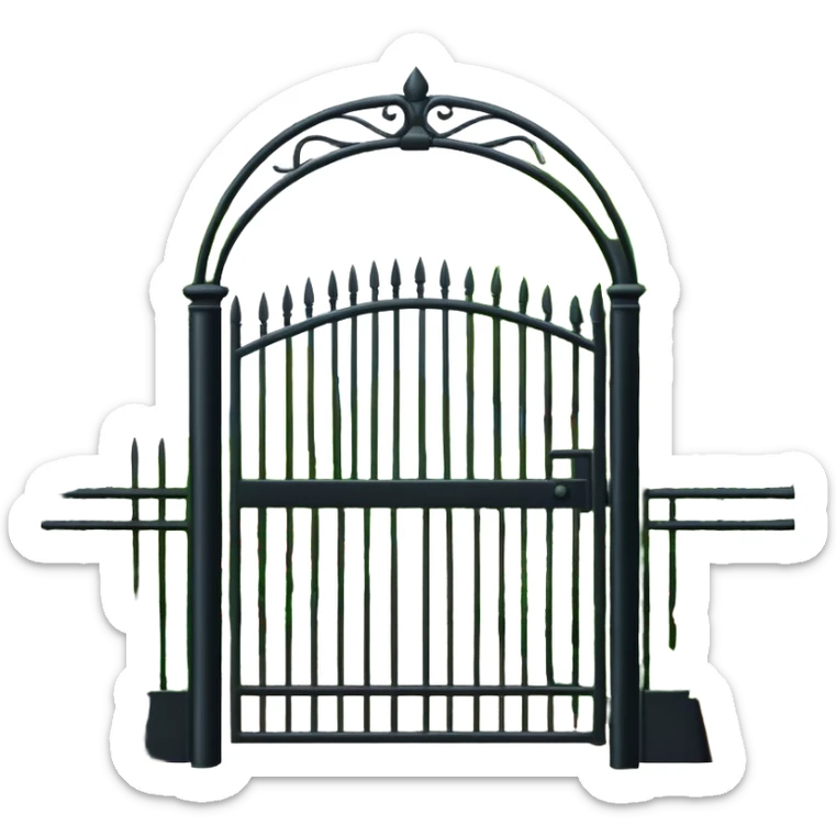 garden entrance with black iron fence, green trees and flowering plants sticker