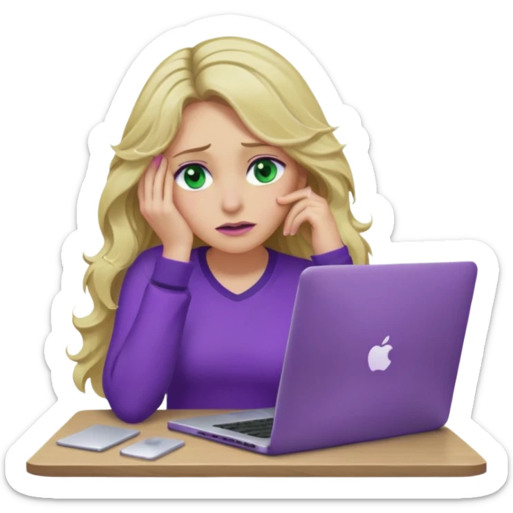 lady with long wavy blonde hair, purple top, green eyes, elbow on desk with hand on face, with a purple mac laptop tears rolling down her face as poorly sticker