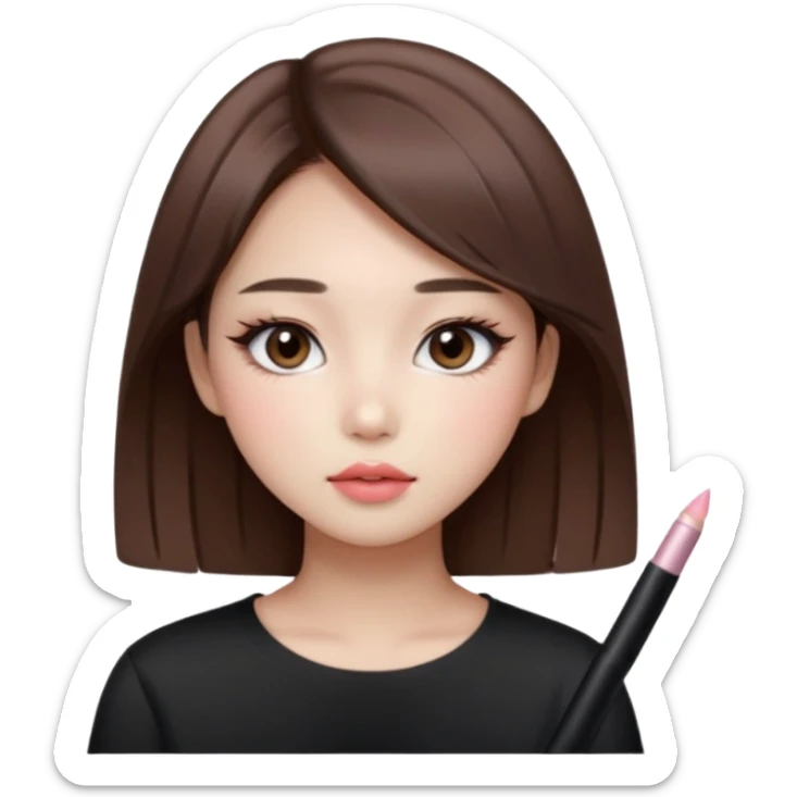 “korean straight brown hair Emoji girl, soft eyeliner and blush, gradient lips, light brown shimmer eyeshadow sticker