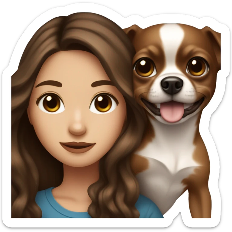 Pretty girl with long wavy brown hair, blue eyes, holding a black and brown short hair chihuahua sticker