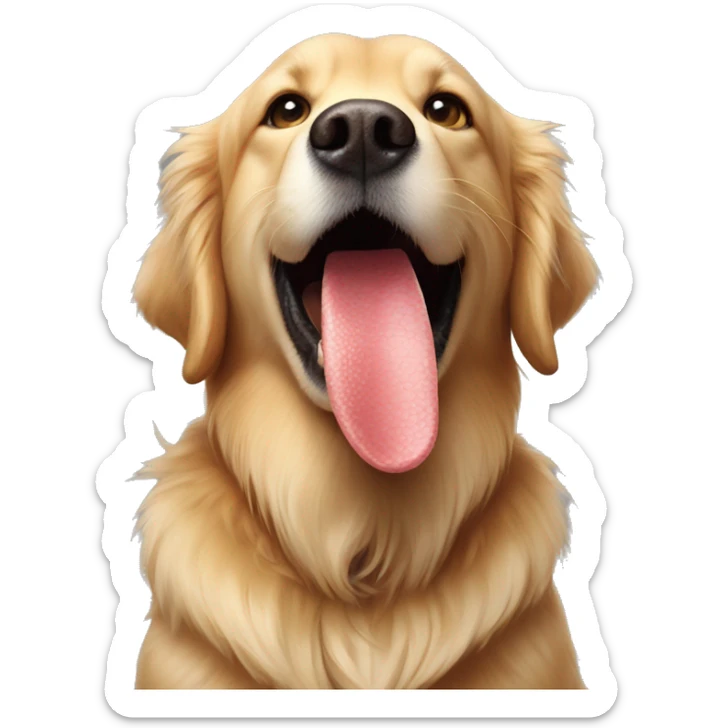 The face of a golden retriever with a dinosaur plushie in his mouth sticker