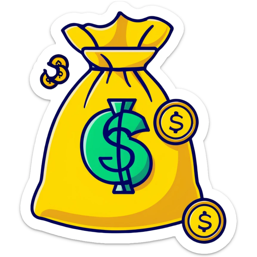 cartoonish sticker of a money bag with gold coins sticker